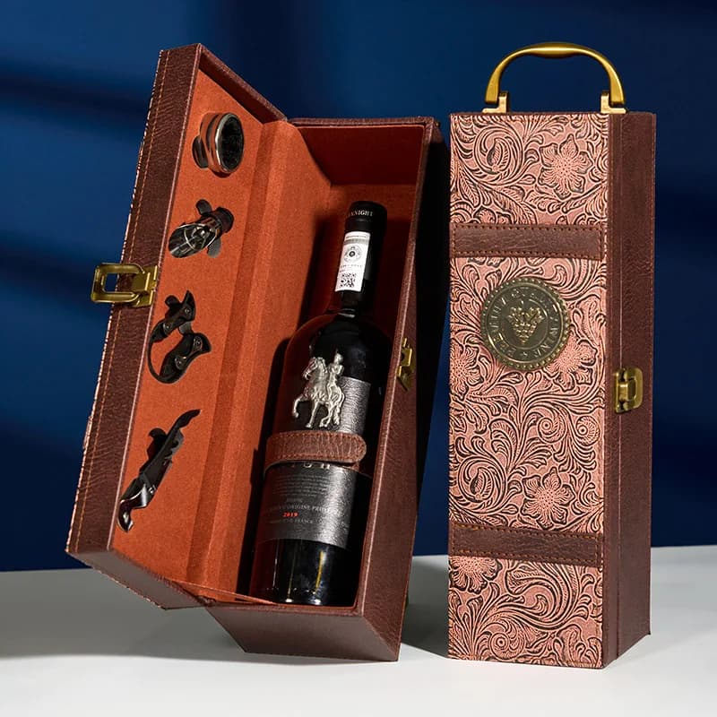 Single Wine Bottle Gift Box with Accessories Set, Portable Carrying Case Bottle Holder with Tools and Handle for Party, Home