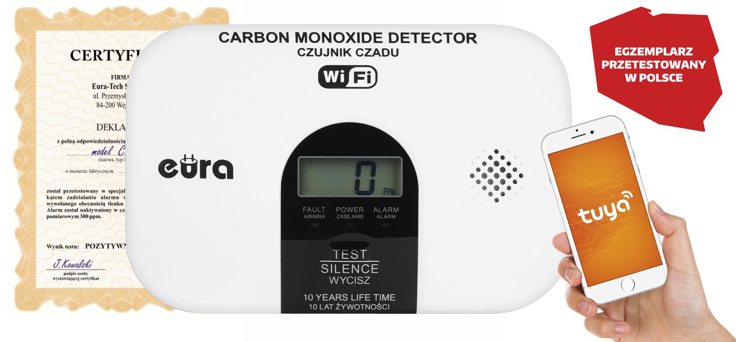 CZUJNIK CZADU, CZUJNIK CZADU WiFi ''EURA'' certyfikat CNBOP-PiB, app Tuya🚨